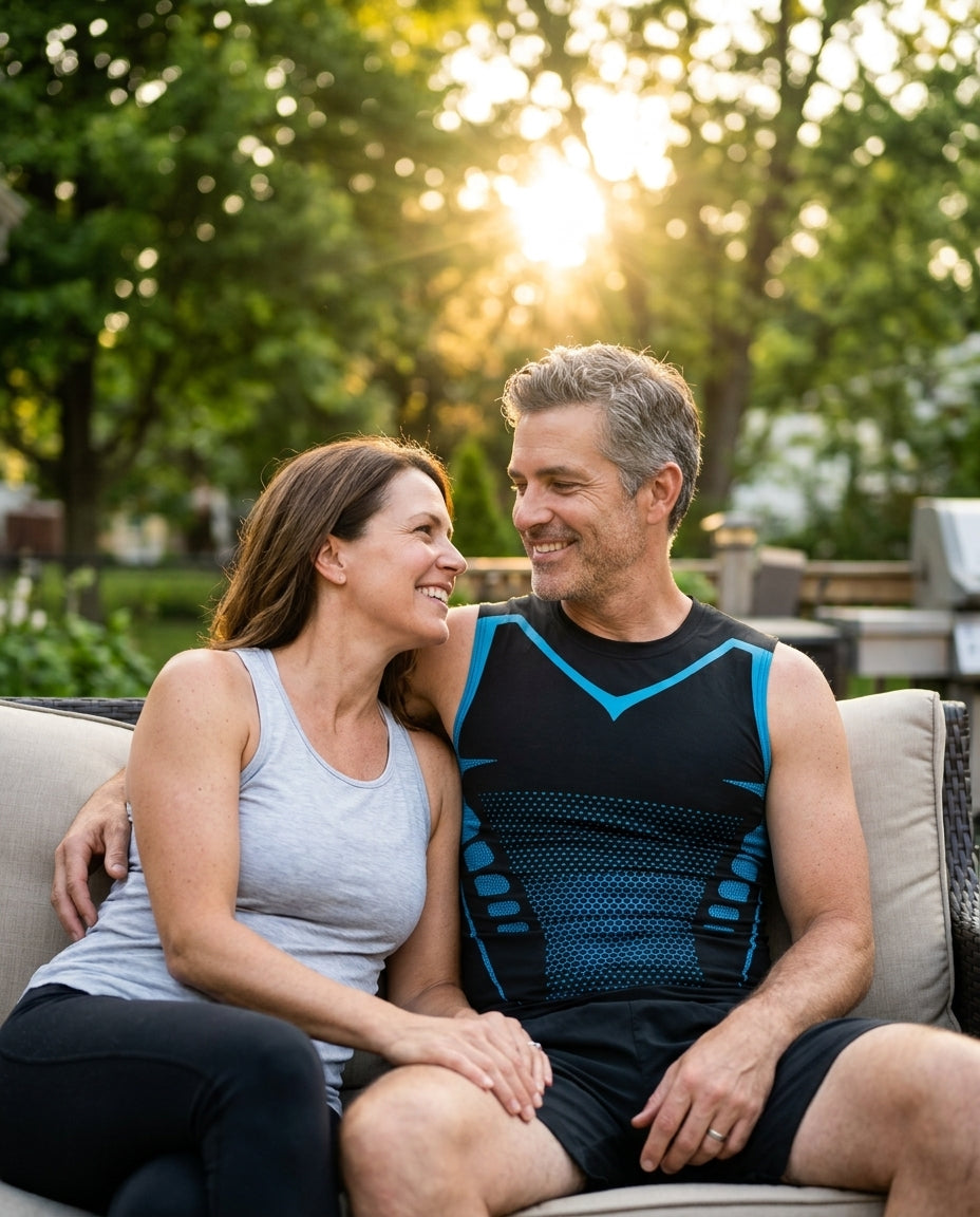 Couple relaxing on a backyard patio at sunset, man wearing the NorthForge NorthPower compression tank